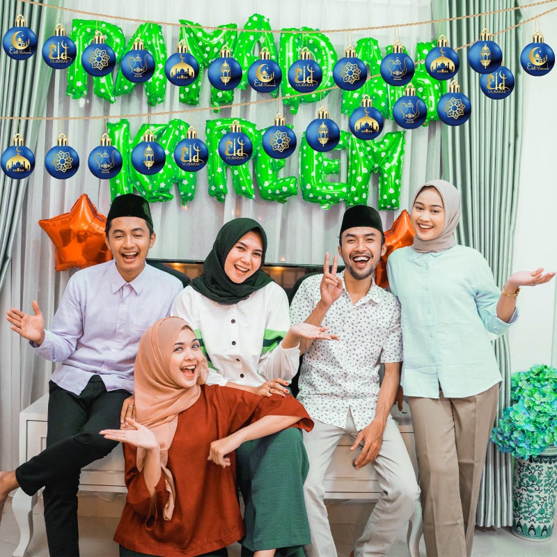 بيميمو BEMEMO 24 PCS الحلي الكرة رمضان لشجرة عيد مبارك ديكورشن 1.57 بوصة من البلاستيك رمضان شنقا الحلي الصغيرة الإسلامية القمر نجم الكرة رمضان لعيد العيد (الأزرق والذهبي) - Image 2