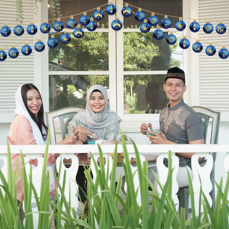 بيميمو BEMEMO 24 PCS الحلي الكرة رمضان لشجرة عيد مبارك ديكورشن 1.57 بوصة من البلاستيك رمضان شنقا الحلي الصغيرة الإسلامية القمر نجم الكرة رمضان لعيد العيد (الأزرق والذهبي) - Image 5