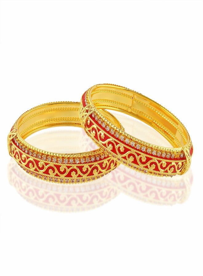 Memoir Brass 24KT Micron Gold Red Meenakari with Imitation Diamond Traditional wedding bridal jewellery Bangle set for Women (KDVK2305 (2.8) - Image 4