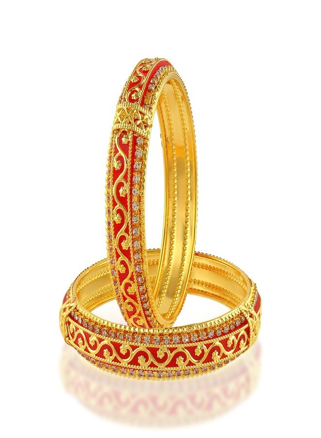 Memoir Brass 24KT Micron Gold Red Meenakari with Imitation Diamond Traditional wedding bridal jewellery Bangle set for Women (KDVK2305 (2.8) - Image 1