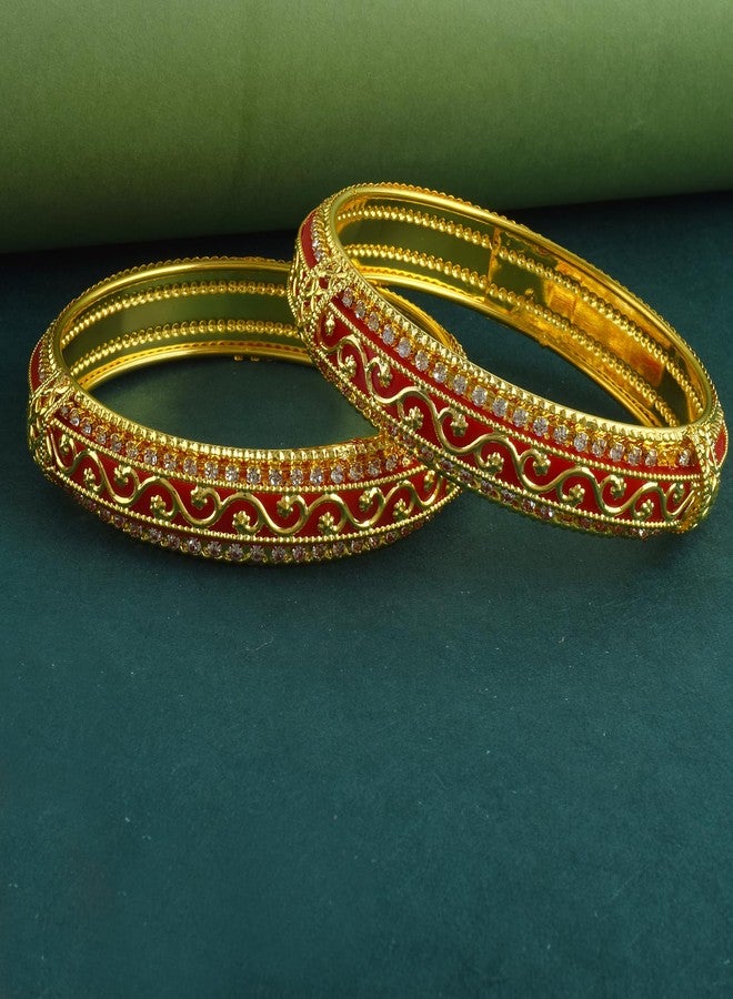 Memoir Brass 24KT Micron Gold Red Meenakari with Imitation Diamond Traditional wedding bridal jewellery Bangle set for Women (KDVK2305 (2.8) - Image 2