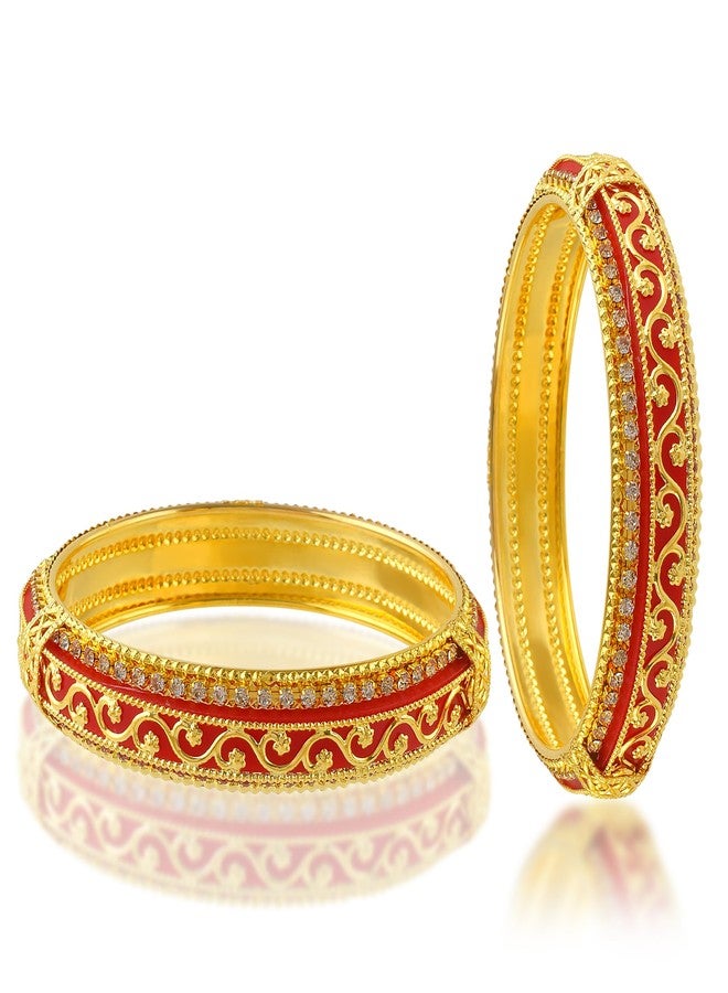 Memoir Brass 24KT Micron Gold Red Meenakari with Imitation Diamond Traditional wedding bridal jewellery Bangle set for Women (KDVK2305 (2.8) - Image 3