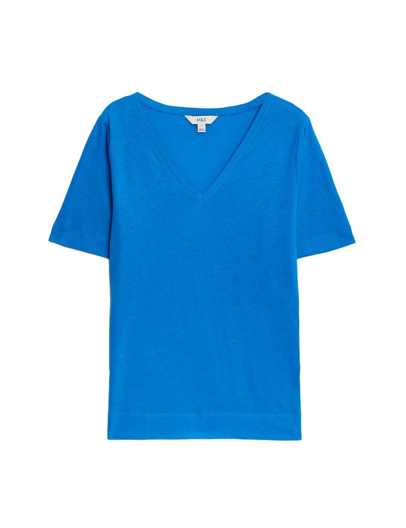 Marks & Spencer Linen Blend V-Neck Top Bright Blue - Image 3