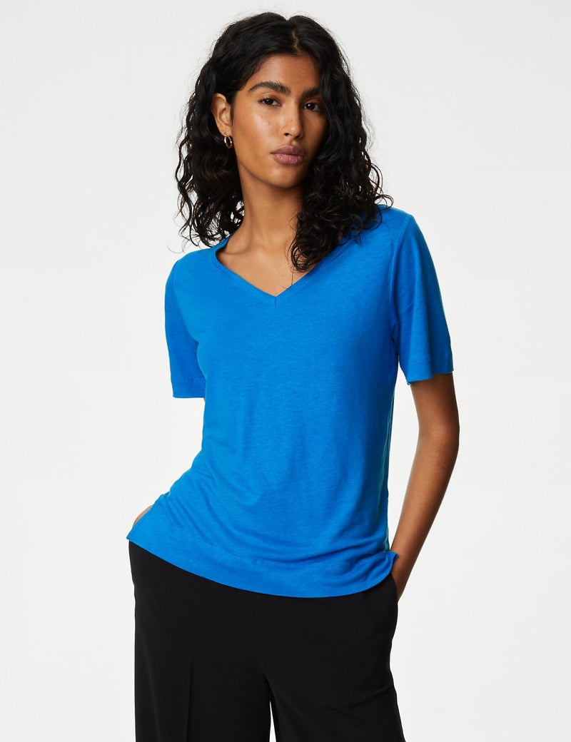 Marks & Spencer Linen Blend V-Neck Top Bright Blue - Image 4