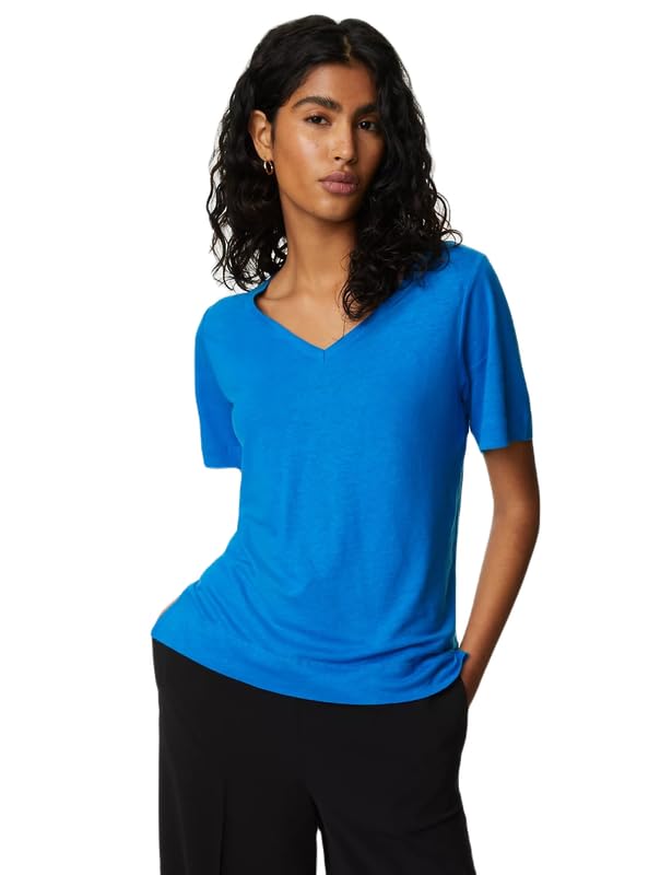 Marks & Spencer Linen Blend V-Neck Top Bright Blue - Image 5