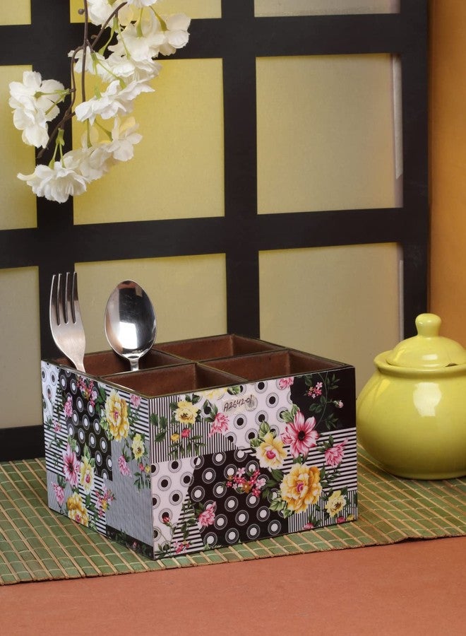 ROMEE Wooden Cutlery Holder for Forks, Knives, Spoons Holder | Stationery Organizer Holder| Cutlery Holder for Counter top, Dining Table, Restaurant Table (Floral, Green & White) - Image 1