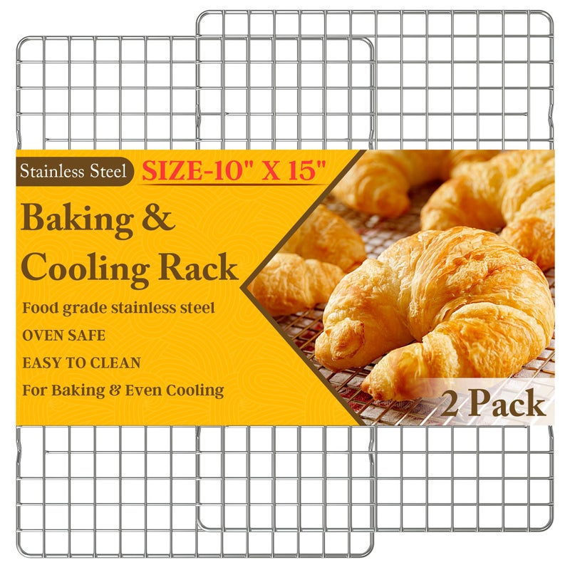Qukaka 2PCS Cooling Racks for Cooking and Baking  10 x 15Heavy Duty Stainless Steel Wire Rack for Baking Grilling Roasting  Oven  Dishwasher Safe  Fits Jelly Roll Sheet PanSilver