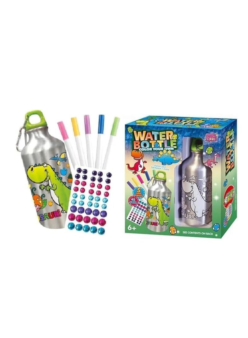 UKR DIY Art Craft Water Bottle Kit – Steel Aluminium Leakproof Bottle to Decorate with 45 Stickers & 5 Markers (Dinosaur Theme) - Image 1
