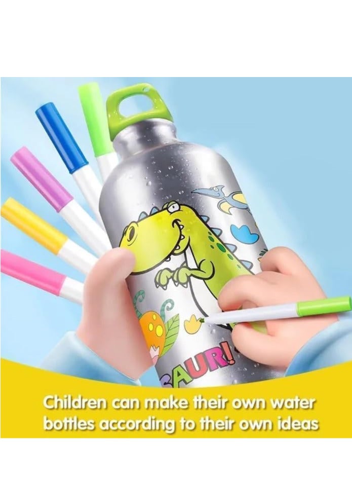 UKR DIY Art Craft Water Bottle Kit – Steel Aluminium Leakproof Bottle to Decorate with 45 Stickers & 5 Markers (Dinosaur Theme) - Image 2