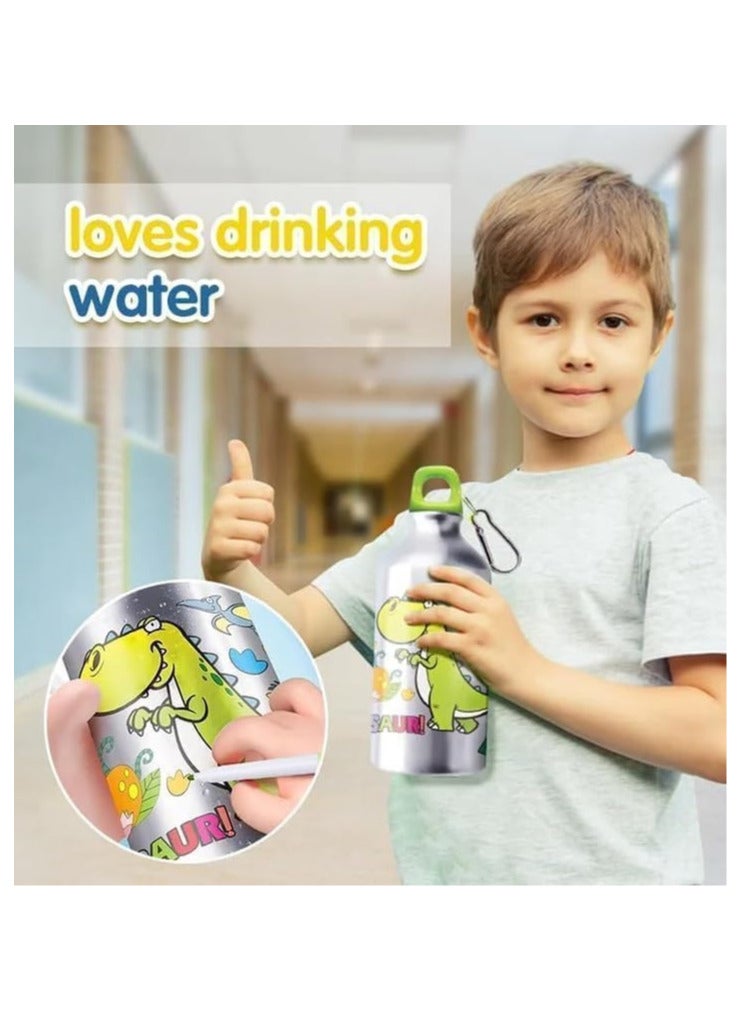 UKR DIY Art Craft Water Bottle Kit – Steel Aluminium Leakproof Bottle to Decorate with 45 Stickers & 5 Markers (Dinosaur Theme) - Image 5