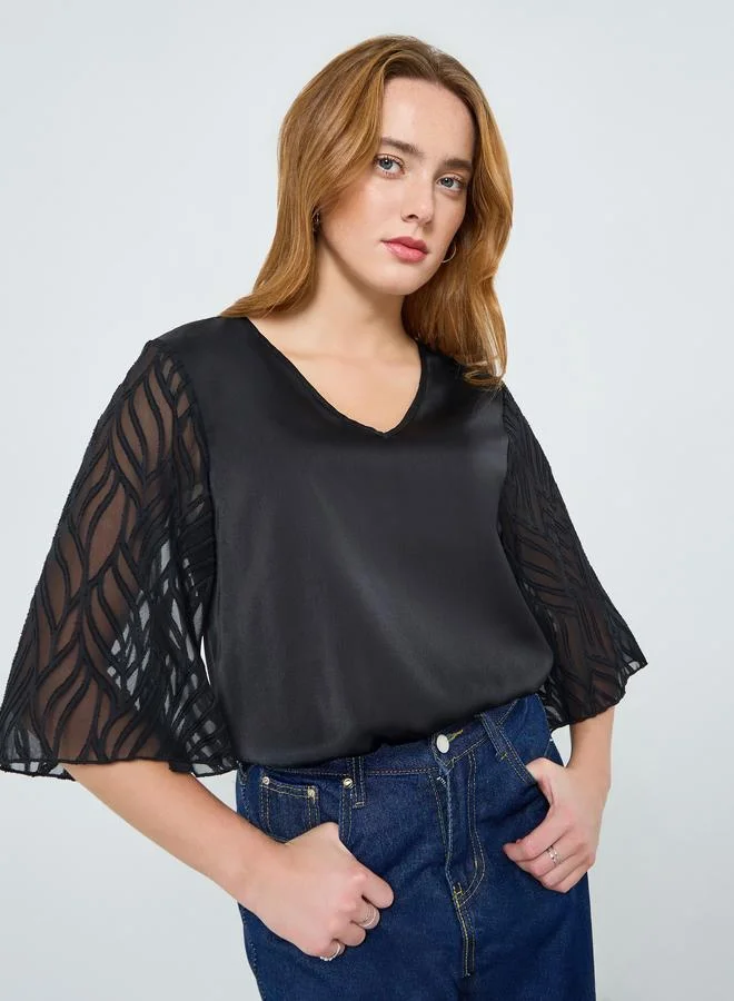 Take Two Women Black Butterfly Sleeve Textured Top