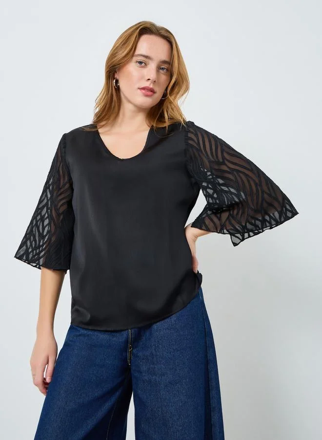 Take Two Women Black Butterfly Sleeve Textured Top