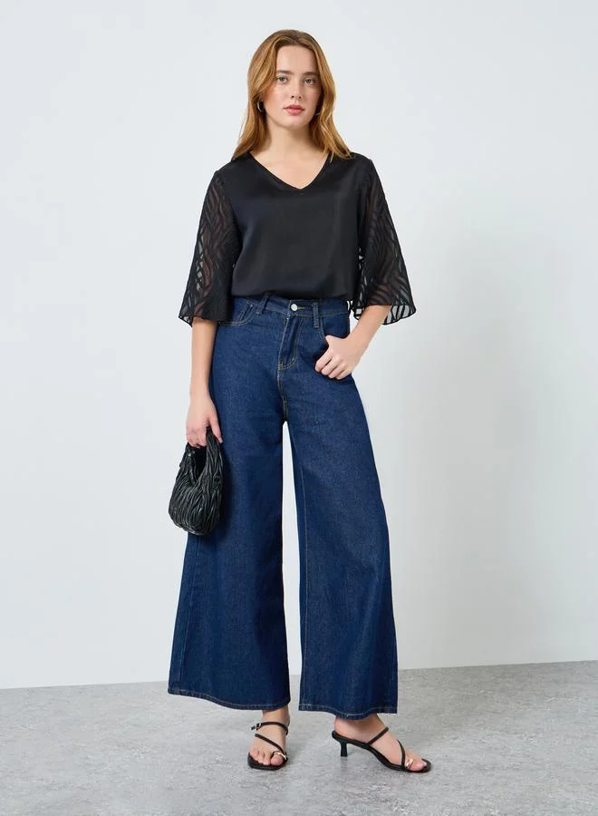 Take Two Women Black Butterfly Sleeve Textured Top