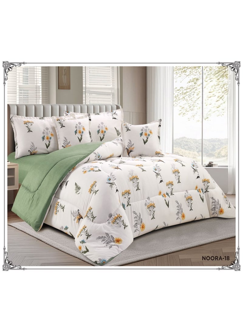 A 4-piece reversible summer bedding set (single-plus size)—offering comfort and stylish décor for your room—featuring a floral side and a solid-color side. Includes: 1 x Comforter (160 x 210 cm) 1 x Fitted Sheet (120 x 200 cm) 1 x Pillowcase (80 x 50 cm) 1 x Pillowcase (50 x 50 cm)