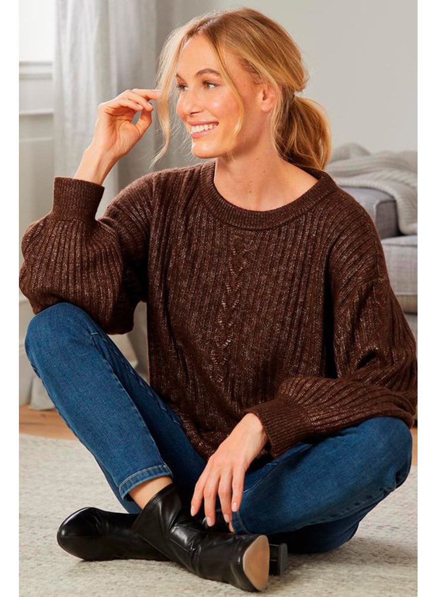 Tchibo Women Crew Neck Knitted Sweater, Brown  - Image 1