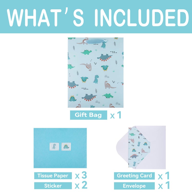 Qirrmiy 13â€ Large Light Blue Bag Set with Greeting Card and Tissue Paper (Dinosaur-themed Design) for Boysâ€™, Girls', or Kids' Party, Baby Showers, Baby Girl, Baby Boy, Newborn, New Moms or Parents-10.2â€ x - Image 3