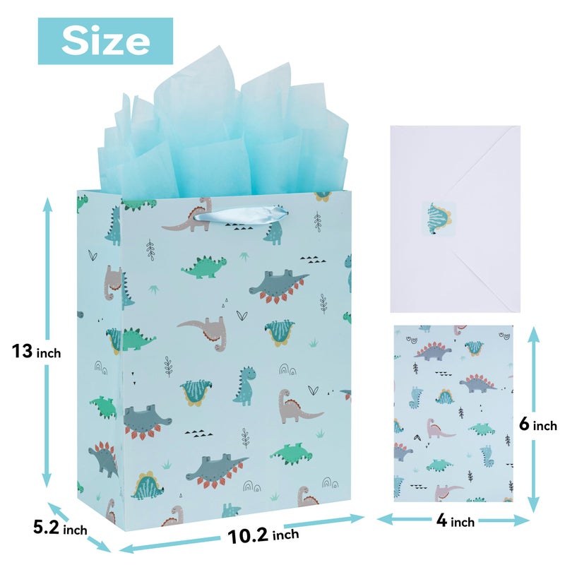 Qirrmiy 13â€ Large Light Blue Bag Set with Greeting Card and Tissue Paper (Dinosaur-themed Design) for Boysâ€™, Girls', or Kids' Party, Baby Showers, Baby Girl, Baby Boy, Newborn, New Moms or Parents-10.2â€ x - Image 2