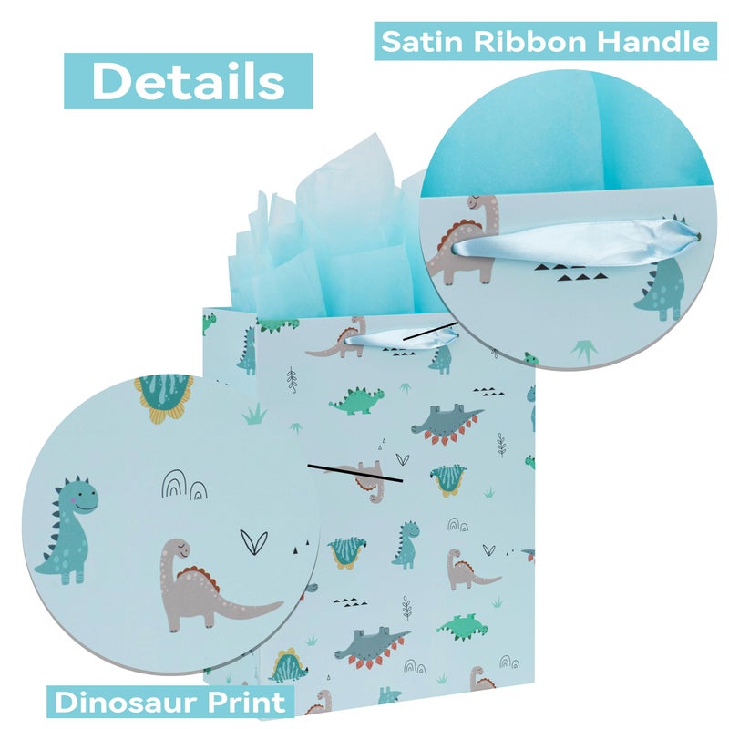 Qirrmiy 13â€ Large Light Blue Bag Set with Greeting Card and Tissue Paper (Dinosaur-themed Design) for Boysâ€™, Girls', or Kids' Party, Baby Showers, Baby Girl, Baby Boy, Newborn, New Moms or Parents-10.2â€ x - Image 4