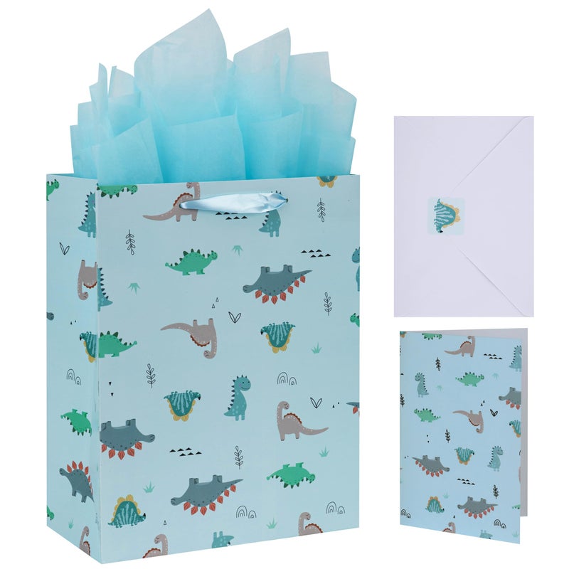 Qirrmiy 13â€ Large Light Blue Bag Set with Greeting Card and Tissue Paper (Dinosaur-themed Design) for Boysâ€™, Girls', or Kids' Party, Baby Showers, Baby Girl, Baby Boy, Newborn, New Moms or Parents-10.2â€ x - Image 1