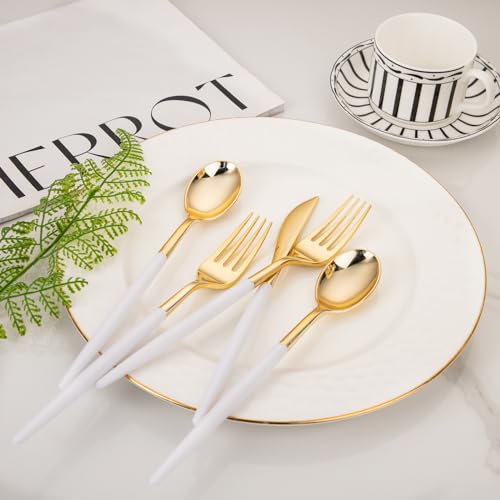 I00000 60 Pcs Gold Plastic Silverware - Heavy Duty Plastic Cutlery -Party Disposable Silverware Set，Disposable Cutlery Set Includes 20 Forks, 20 Knives, 20 Spoons Perfect for Wedding - Image 3