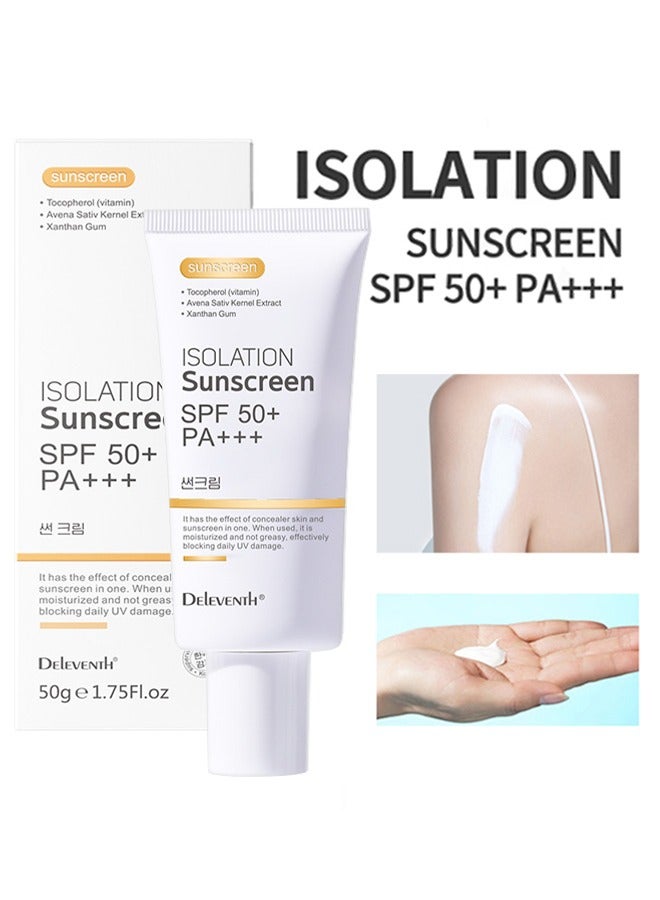 DELEVENTH Isolation Sunscreen, SPF 50+ PA+++ Sunscreen Cream 50g . it has the effect of concealer skin and sunscreenin one.When used, it ismoisturized and not greasy, effectivblocking daily UV damage.Protects Facial Skin, Neck & Arms - Image 1