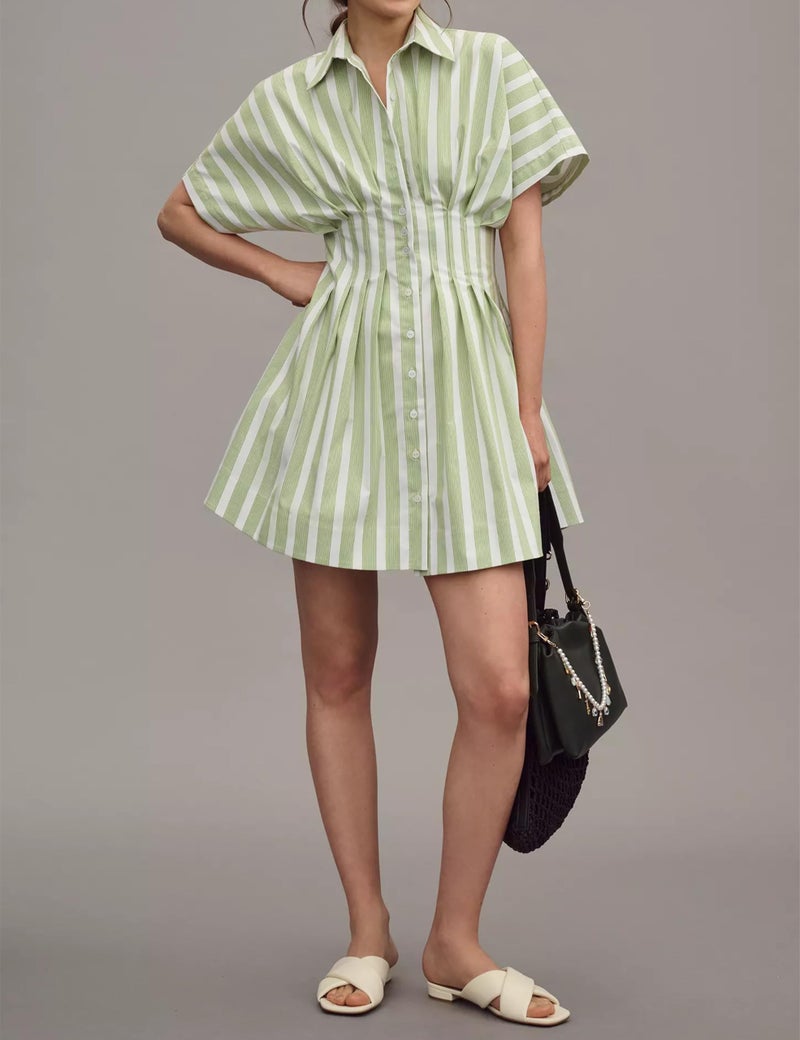 MISSACTIVER Women Pleated Button Down Shirt Dress Short Sleeve Striped Corset Mini Dresses Casual Summer Short Dress - Image 3