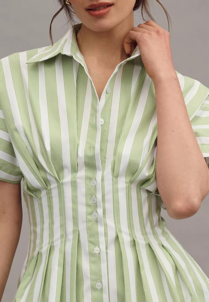 MISSACTIVER Women Pleated Button Down Shirt Dress Short Sleeve Striped Corset Mini Dresses Casual Summer Short Dress - Image 4