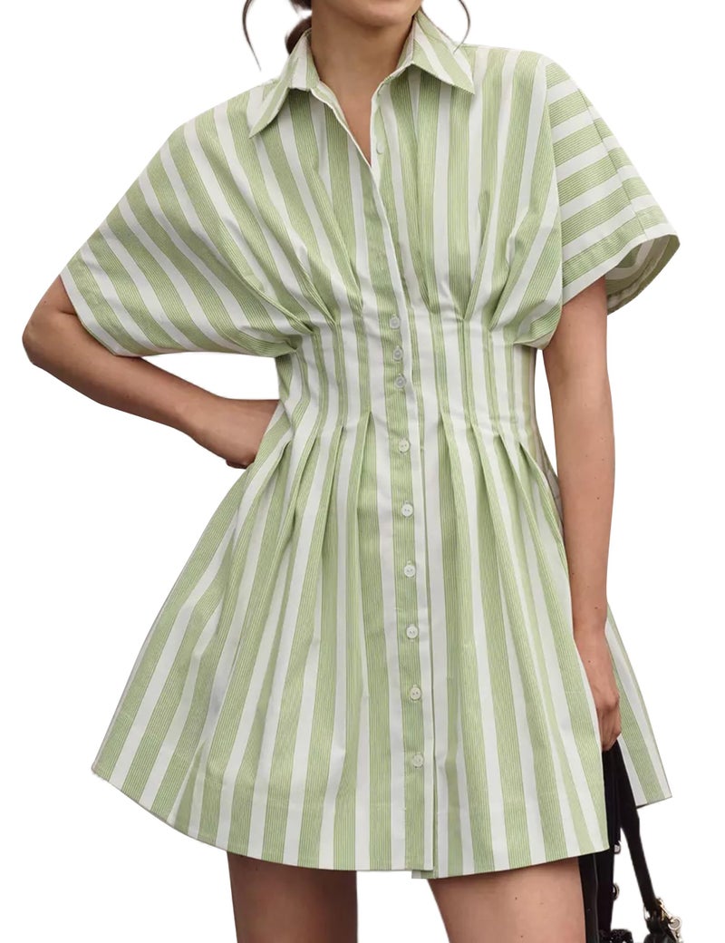 MISSACTIVER Women Pleated Button Down Shirt Dress Short Sleeve Striped Corset Mini Dresses Casual Summer Short Dress - Image 1