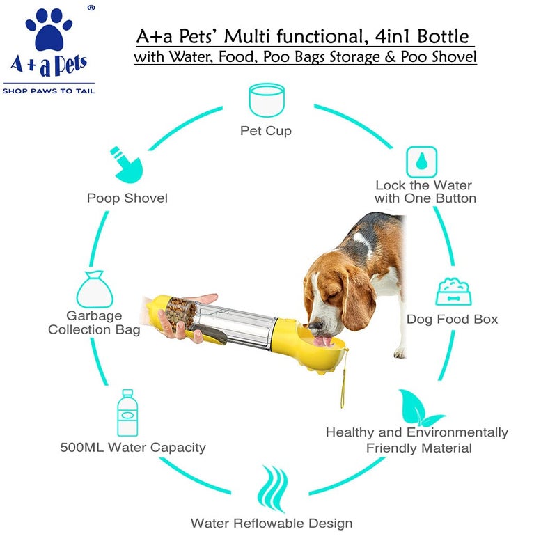A+a Pets "’ Dog Water Bottle, Pet Portable Water Bottle with 500ML Water Tank, Dog Food Storage, Poop Shovel & Garbage Bag, Leak Proof Button Design, Lightweight & Portable for Travel, Camping (Blue) " - Image 3