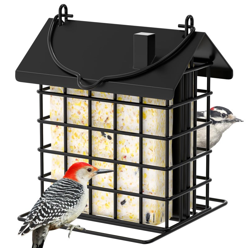 Gbekery All-Metal Double Suet Bird Feeder for Outdoors Hanging, Suet Cake Cage Holder with Weather-Resistant Roof & Perch for Outside Garden, Black - Image 1