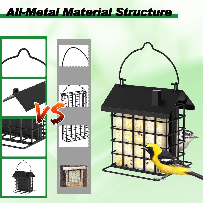 Gbekery All-Metal Double Suet Bird Feeder for Outdoors Hanging, Suet Cake Cage Holder with Weather-Resistant Roof & Perch for Outside Garden, Black - Image 4