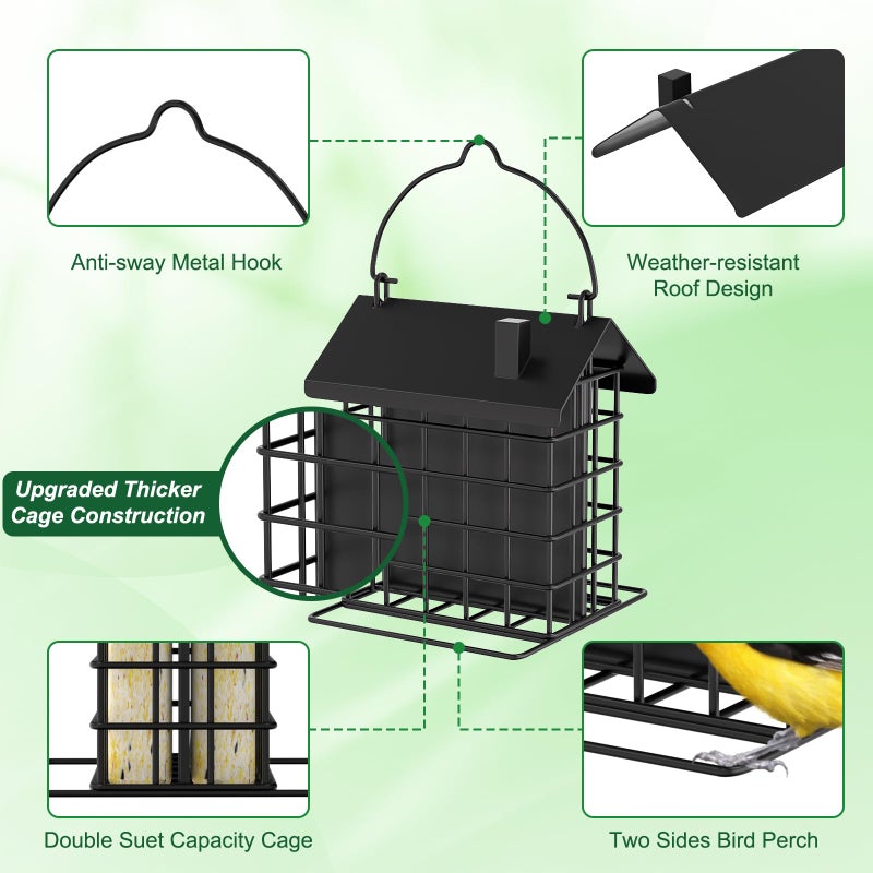 Gbekery All-Metal Double Suet Bird Feeder for Outdoors Hanging, Suet Cake Cage Holder with Weather-Resistant Roof & Perch for Outside Garden, Black - Image 5