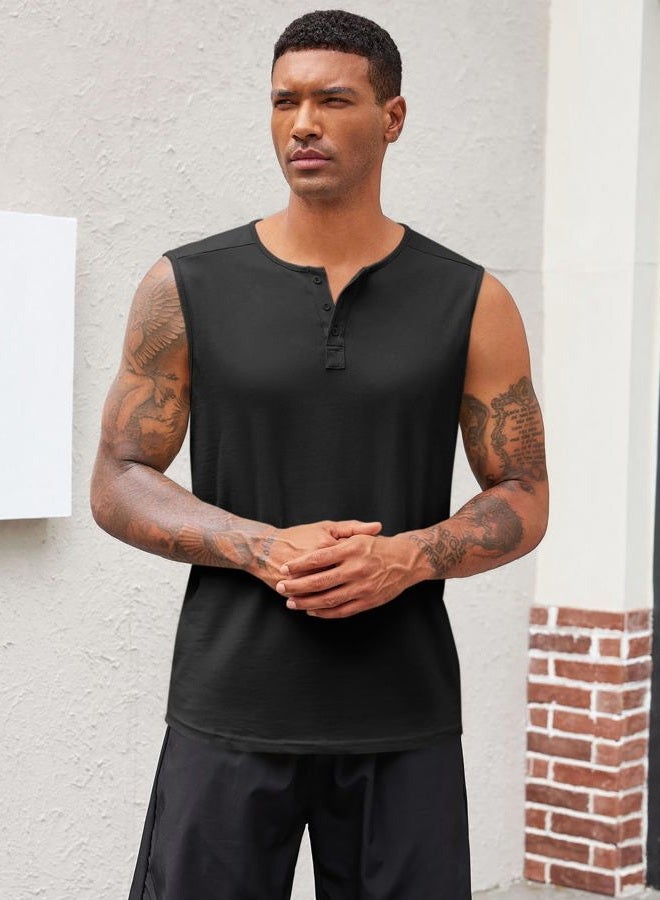 Runcati Mens Muscle Tank Tops Sleeveless Workout Gym Slim Fit Henley Shirt Casual Basic Summer Beach Tops, Black, L - Image 2