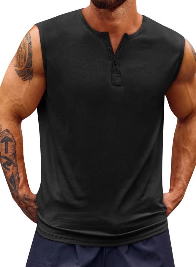 Runcati Mens Muscle Tank Tops Sleeveless Workout Gym Slim Fit Henley Shirt Casual Basic Summer Beach Tops, Black, L - Image 1