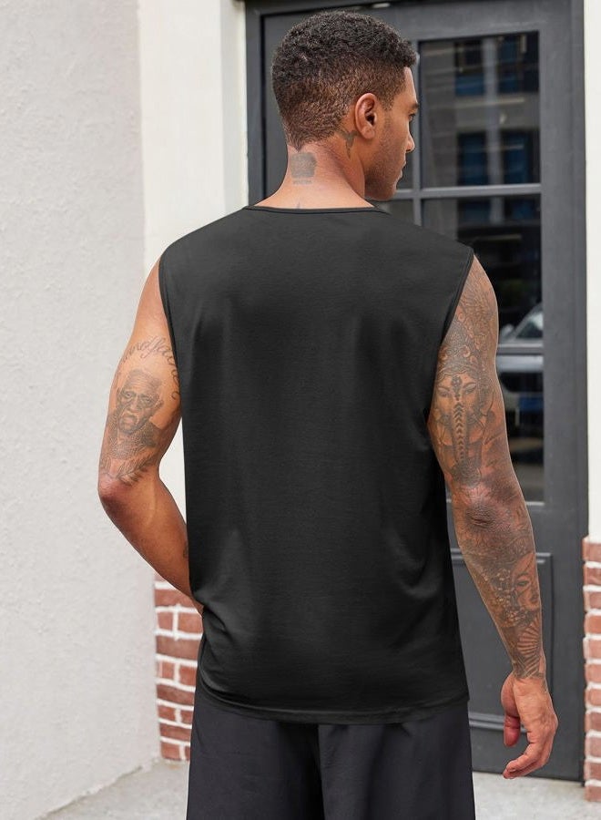 Runcati Mens Muscle Tank Tops Sleeveless Workout Gym Slim Fit Henley Shirt Casual Basic Summer Beach Tops, Black, L - Image 3