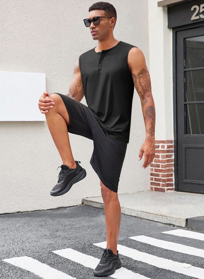 Runcati Mens Muscle Tank Tops Sleeveless Workout Gym Slim Fit Henley Shirt Casual Basic Summer Beach Tops, Black, L - Image 4