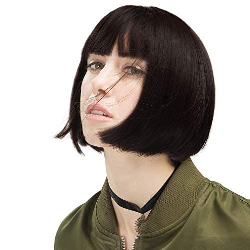 REECHO 11" Short Bob Wig with bangs Synthetic Hair for White Black Women Color: Black - Image 1