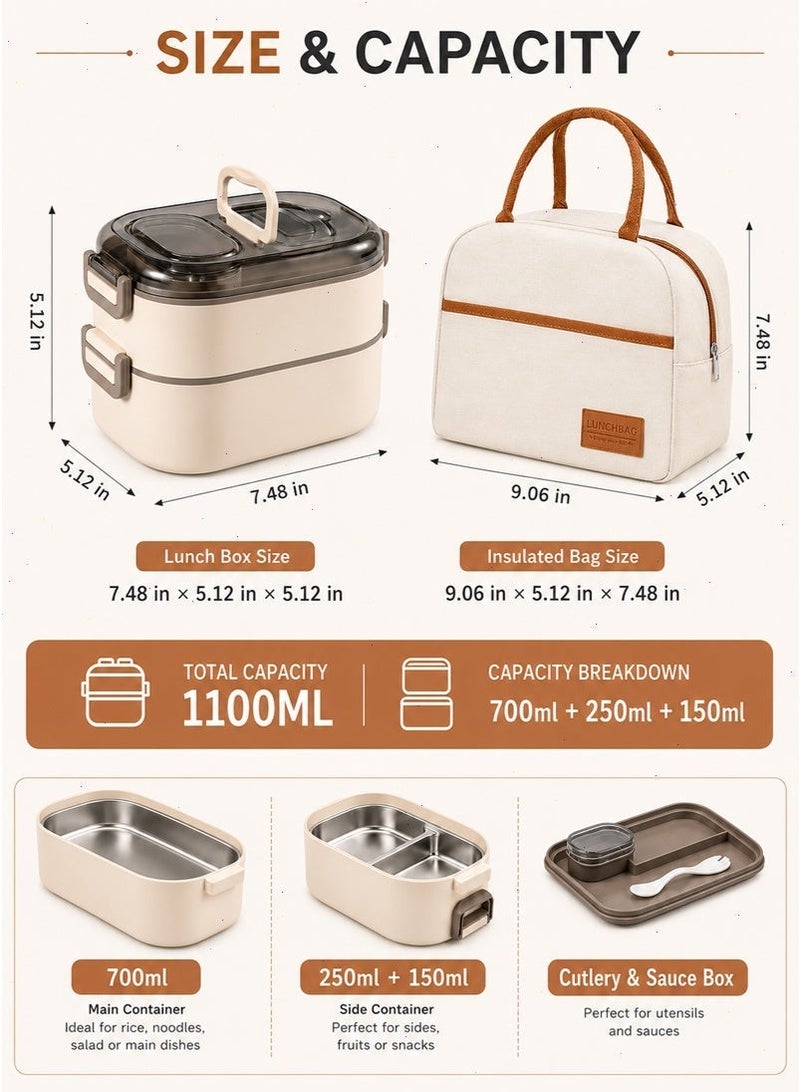 Stainless Steel Bento Lunch Box Set - Adult & Kids, 700ml + 400ml, Insulated Lunch Bag & Built-in Spork, Leakproof, Stackable, Perfect for Office, Camping, School - Image 2