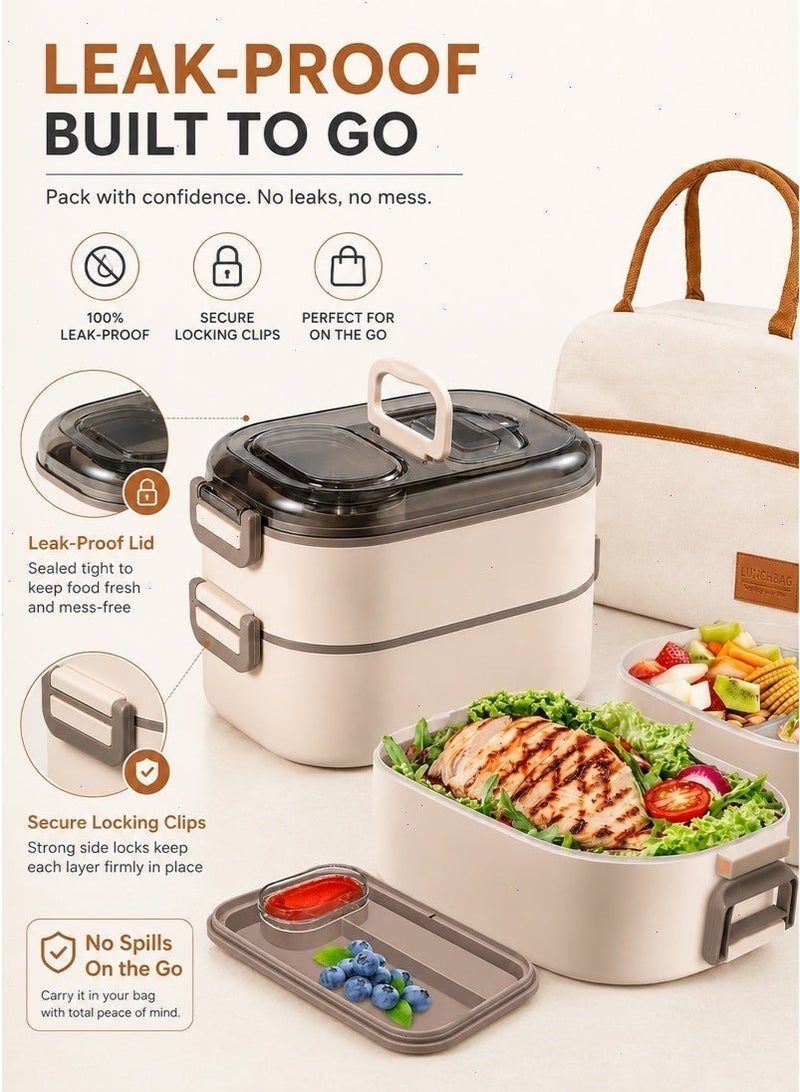 Stainless Steel Bento Lunch Box Set - Adult & Kids, 700ml + 400ml, Insulated Lunch Bag & Built-in Spork, Leakproof, Stackable, Perfect for Office, Camping, School - Image 4