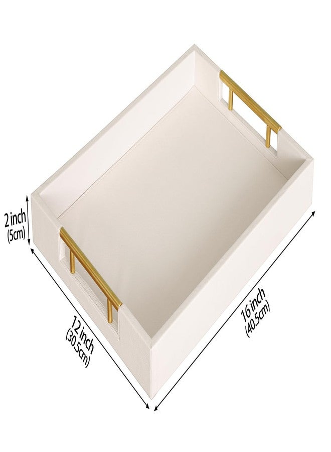 HofferRuffer Faux Leather Serving Tray with Gold Metal Handles, Stylish Decorative Tray Organizer for Coffee Table, Ottoman, Home Decor and Serving (CreamWhite, 16.2" x 12.2" x 2") - Image 2