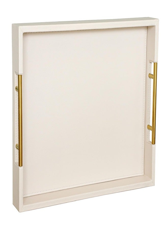 HofferRuffer Faux Leather Serving Tray with Gold Metal Handles, Stylish Decorative Tray Organizer for Coffee Table, Ottoman, Home Decor and Serving (CreamWhite, 16.2" x 12.2" x 2") - Image 1