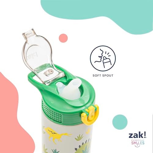 Zak Designs Sage Kids Water Bottle For School, Travel or At Home, 14oz Stainless Steel Water Bottle With Straw, Handle, and Leak-Proof, Pop-Up Spout Cover (Dino) - Image 4