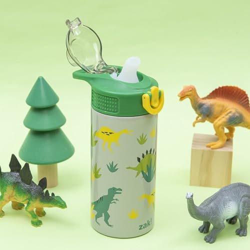 Zak Designs Sage Kids Water Bottle For School, Travel or At Home, 14oz Stainless Steel Water Bottle With Straw, Handle, and Leak-Proof, Pop-Up Spout Cover (Dino) - Image 2