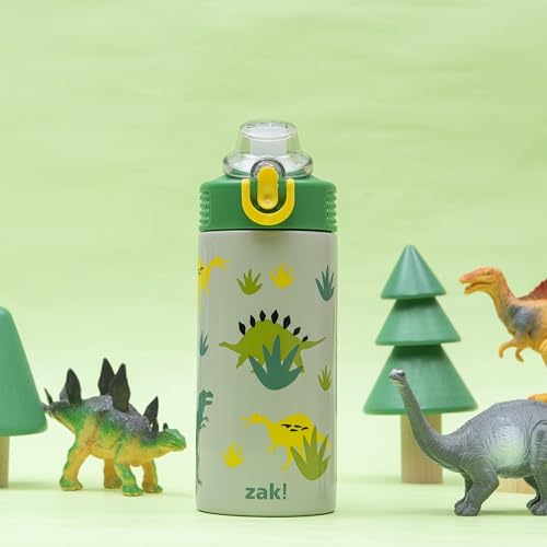 Zak Designs Sage Kids Water Bottle For School, Travel or At Home, 14oz Stainless Steel Water Bottle With Straw, Handle, and Leak-Proof, Pop-Up Spout Cover (Dino) - Image 3