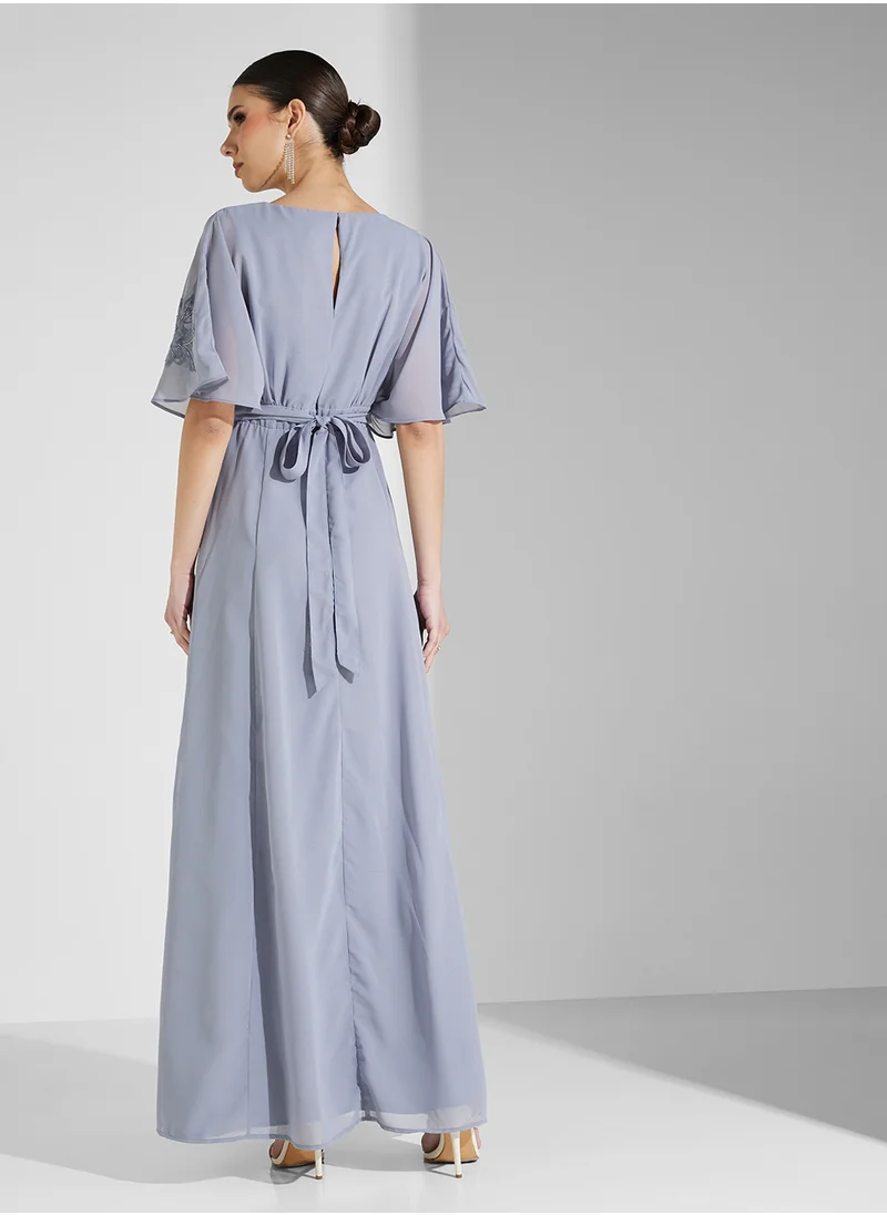 Maya Wide Sleeve Wrap Embroidered Maxi Dress