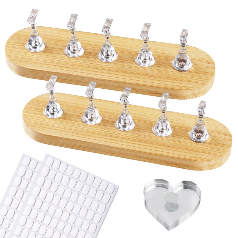 ESUOHYM Wooden Stand for Nails Art Display Practice 2 Set, 1 Heart Shaped Acrylic Magnetic Nail Stand, Fake Nail Holder with 200 Pieces Double-sided Tape, For Home DIY Salon Supplies (Wood, Large) - Image 1