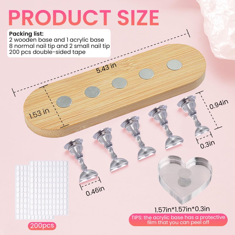 ESUOHYM Wooden Stand for Nails Art Display Practice 2 Set, 1 Heart Shaped Acrylic Magnetic Nail Stand, Fake Nail Holder with 200 Pieces Double-sided Tape, For Home DIY Salon Supplies (Wood, Large) - Image 2