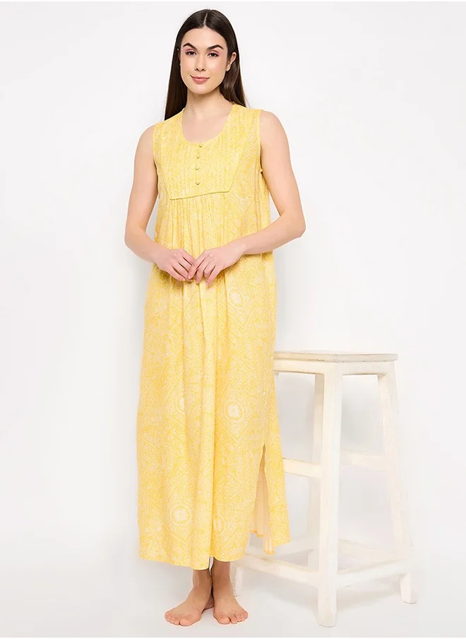 Clovia Clovia Print Me Pretty Long Nighty in Yellow - Rayon