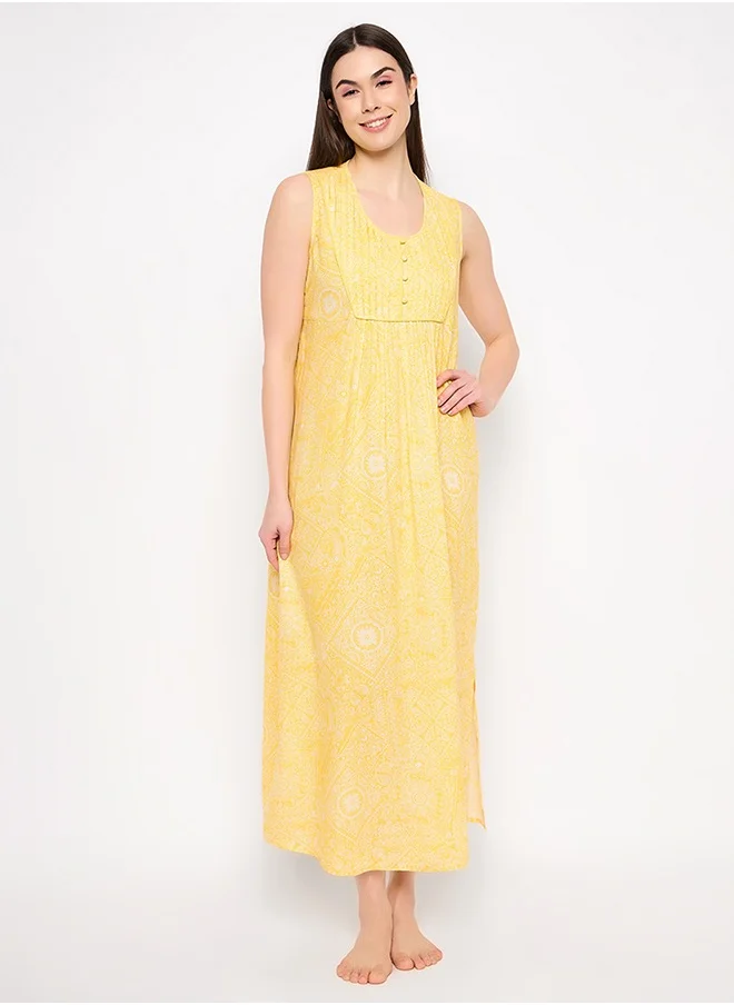 Clovia Clovia Print Me Pretty Long Nighty in Yellow - Rayon