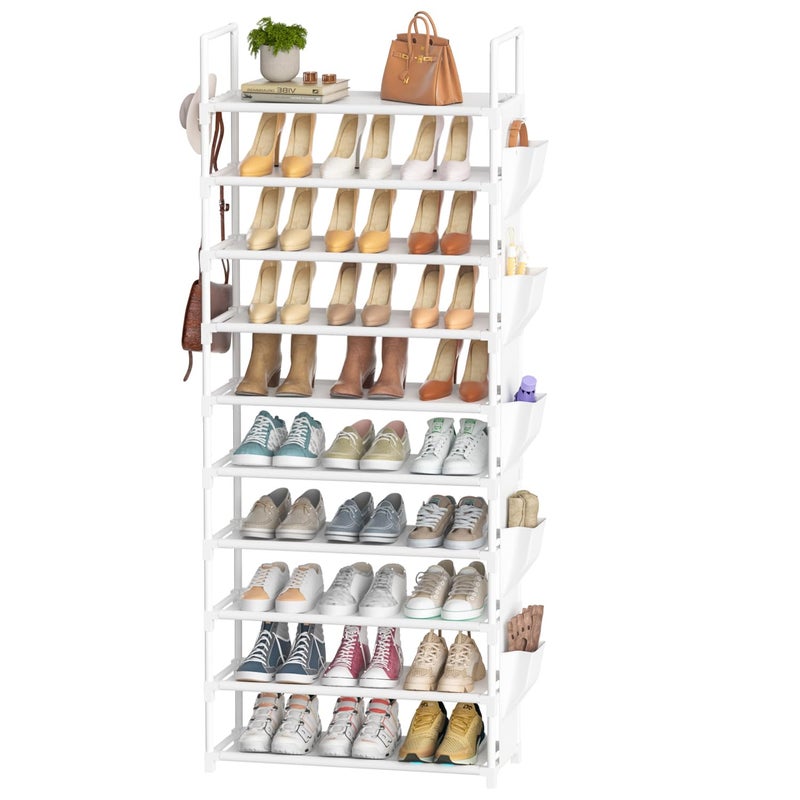 LUKYTOWER Tall Shoe Rack 10 Tier Shoe Racks Organizer for Closet 30-35Pairs,Large Capacity Storage Rack for Shoes with 5Hooks and Side Pocket,Sturdy Metal Shoe Shelf, Vertical Shoe Stand Tower - Image 1